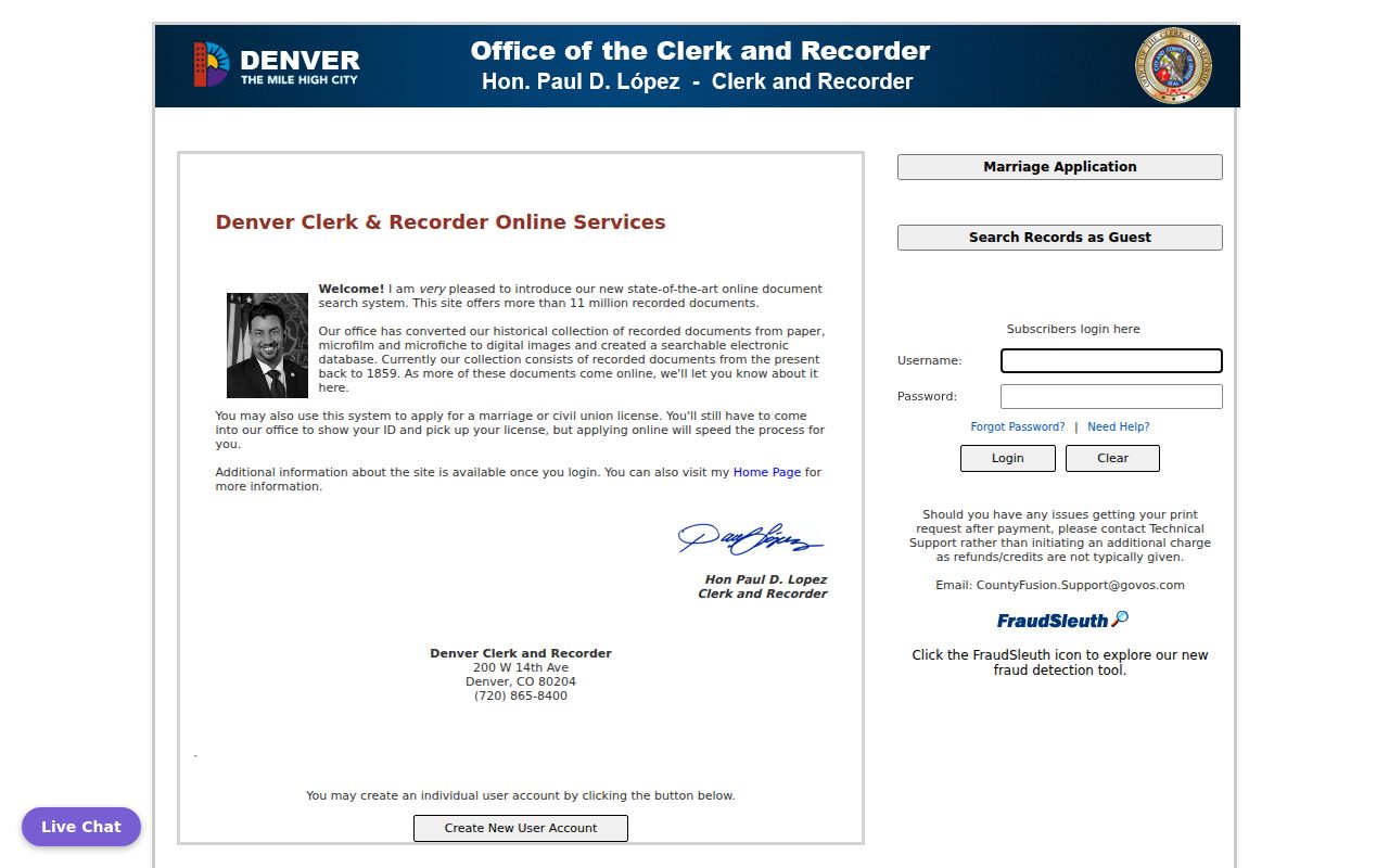 Denver previous residents CountyFusion certified copy entry